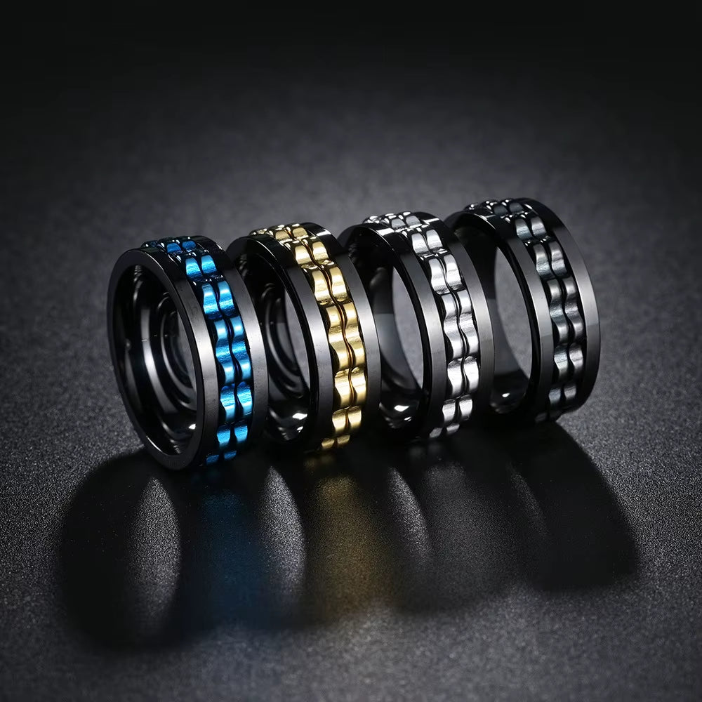 Fashion Punk Style Gear Rotating Anxiety Fidget Ring Titanium Steel Chain Spinner Rings for Men Rock Biker Wedding Party Jewelry